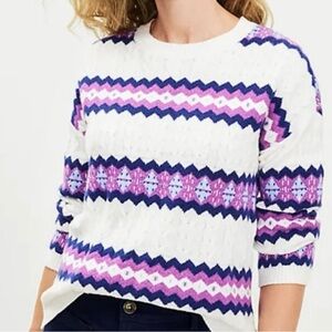 LOFT White and Purple Crew Neck Sweater with Fair Isle Pattern